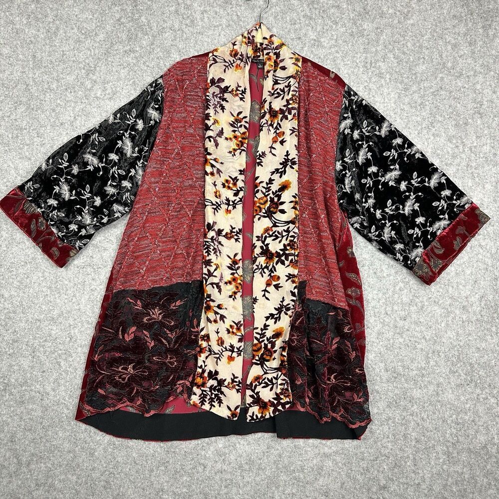 John Mark Velvet Embroidered Burnout Open Kimono Womens L Floral Knit Patchwork